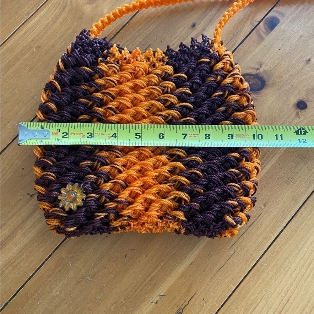 Handmade Crocheted Purse Handbag Brown/Orange with One Floral Piece Attached Vtg - Picture 9 of 11